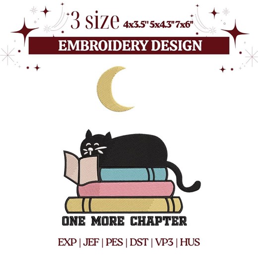 Black Cat Reading Book Embroidery Design, One More Chapter Embroidery File, Book Lover Cat Machine Embroidery, Reader Gift Digital Design - Etsy UK