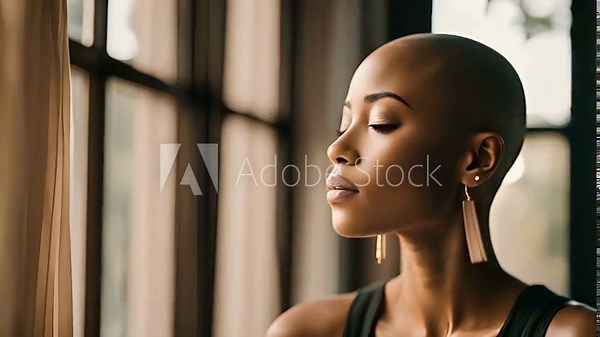 Bald black woman meditating. Happy african american female with shaved head practicing wellness yoga & meditation. Alopecia awareness hair loss