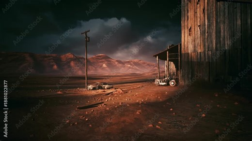 desert shack at dusk, stormy sky rustic wooden barn beside leaning pole and abandoned motorcycle, red soil strewn with rubble and tumbleweed, distant mesa