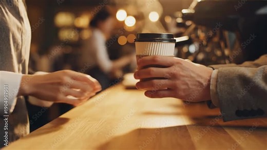 Barista hands over steaming coffee cup to customer at cafe counter
