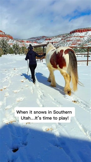 When it snows in Southern Utah… you don’t cancel plans — you go outside and play. Follow for more amazing Utah destinations! Watching the horses @kanabhideouts frolic through fresh snow felt unreal. Red rock country covered in white, cozy cabins tucked into the desert, and trails stretching straight into BLM land right out the back door. This stay was incredible! This is the magic of Southwest Utah — quiet, unexpected, and wildly beautiful. Snow days just hit different out here. 📍 Kanab Hideout