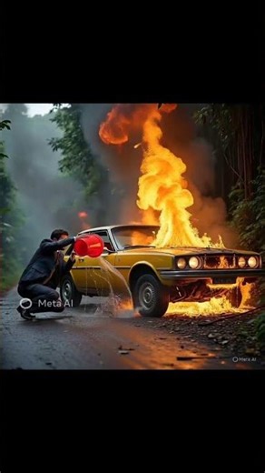 A man gets his car repaired by a monkey mechanic, but it catches fire later. He tries to put it out,