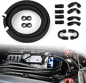 8AN Fuel Line Hose Kit 16FT Braided Nylon Stainless Steel CPE 1/2'' Oil Gas with 10pcs Fitting & 2pcs Hose Clamps (ID: 0.44 Inch, Black)