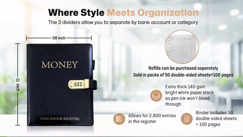 Luxury Checkbook Register Binder with a Lock Plus 1 Refill Pack which are only Compatible with This Checkbook Register-Each Refill Pack Includes 50 Double-Sided Pages (Register with 1 Refill Pack)