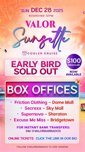 VALOR BARBADOS on Instagram: "3 Days before the New Year… 👀🗓️ Valor brings you ONE LAST VIBE ⛵️🥂✨ Valor Sunsette: The Cooler Cruise returns❗️ Sunday, December 28th, 2025 Boarding: 12PM (NOON) on board the MC Dreamchaser 2 Pack your Christmas drinks (Coolers are Welcome)🥤 We’ve got the boat, the DJs, and the vibes 💃🏽💃🏽 Limited $100 tickets are available at: 🎟️ Friction Clothing - Dome Mall 🎟️ Secrexx - Sky Mall 🎟️ Supernova - Sheraton 🎟️ Excuse Me Miss - Bridgetown 💳 For Instant Bank