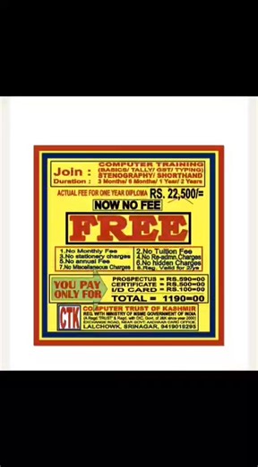 Job Kashmir - Private & Govt Jobs on Instagram: "INFORMATION REGARDING ADMISSION (w.e.f 01/12/2025) If you want to join Computer Training or Stenography then please bring alongwith you the following documents: 1. Aadhar Card copy 2. 02 Photographs FEE STRUCTURE :- Actual Fee is ₹ 22,500= for 1 year But you have not to pay this Amount... You have to pay for :- Prospectus =Rs. 590/= Certificate =Rs. 500/= I/d Card =Rs. 100/= ___________________ Total chrgs=Rs. 1190/= If you will choose Tally &GST