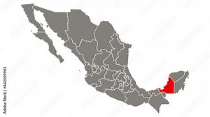 Campeche state blinking red highlighted in map of Mexico
