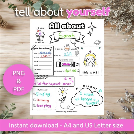 All About Me Worksheet: Back to School Printable (PDF & PNG) - Etsy