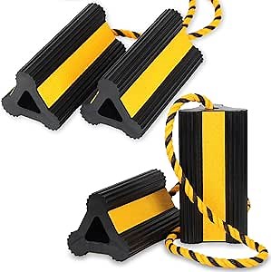 OULEME Heavy Duty Rubber Wheel Chocks, 2 Pair, Non-Slip Tire Stopper Blocks with Rope, for RV Camper Travel Trailers Motorhome Aircraft Car Truck