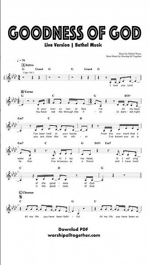 Goodness Of God - Bethel Music | Sheet Music, Chord, Lyrics #worshipmusic