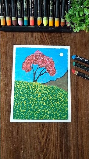 ​How to Draw Pink Blossom Tree in Mustard Field with Oil Pastels 🌸🌾 | Spring Meadow #shorts