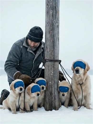 Survival in the Snow | A Golden Retriever Family’s Peaceful Journey (4K) Description: Experience a moment of profound stillness and care in the heart of a winter storm. This cinematic journey follows a rugged guardian as he prepares a litter of golden retriever puppies and their mother for the harsh snow glare of an arctic landscape. Using protective blue cloths to shield their eyes from snow blindness, the man leaves them momentarily in a peaceful huddle, showcasing the incredible bond between 
