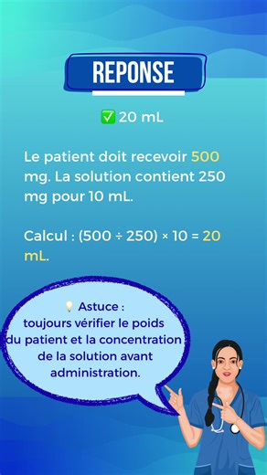 Réponse au calcul de dose 🎀 💬 tu avais la bonne réponse ? Dis-le en commentaire 💛 pense à mettre un like si tu as aimé ce post 📌enregistre pour réviser plus tard #ifsi #nursetiktok #pharmacologist #studytips #healthcareworker