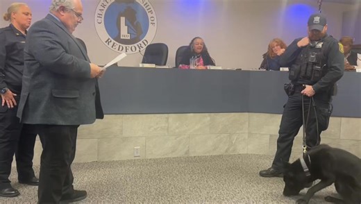 We would like to introduce K-9 Rex to the Redford Township Police Department! Supervisor McRae "swore in" K-9 Rex at tonight's Township Board meeting. K-9 Rex is an 18 month old German Shepherd from the Czech Republic and his handler is Officer Mike Sharp. K-9 Rex is certified in tracking, narcotics detection, handler protection, and evidence searches through the National Association of Professional Canine Handlers. Detroit Diesel donated $13,000 toward the purchase and initial training of K-9 R