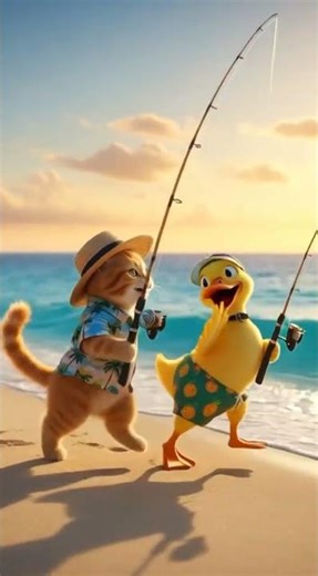 BEBEK DAN KUCING MANCING DI PANTAI #cartoon #aishorts #aivideo