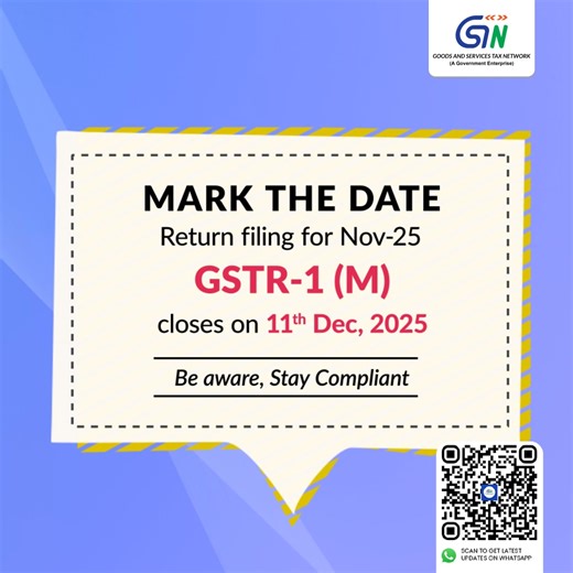 📍 𝗛𝗮𝘃𝗲 𝘆𝗼𝘂 𝗳𝗶𝗹𝗲𝗱 𝘆𝗼𝘂𝗿 𝗚𝗦𝗧𝗥-𝟭(𝗠) 𝘆𝗲𝘁? 𝗧𝗵𝗲 𝗱𝘂𝗲 𝗱𝗮𝘁𝗲 𝗶𝘀 𝗻𝗲𝗮𝗿—𝗱𝗼𝗻’𝘁 𝗺𝗶𝘀𝘀 𝗶𝘁! #GST #GSTN #GSTR1M #GSTReturns #GSTCompliance #TaxpayerUpdate #DueDateReminder #AskGSTN #GSTAwareness | Goods and Services Tax Network