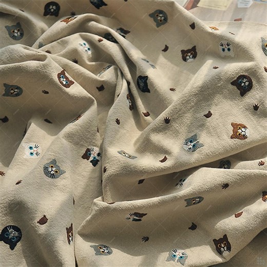 Embroidered Cat Fabric, DIY Cotton Linen Material for Cushions, Bags & Curtains - Etsy