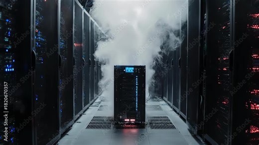 Data Center Server Overload: Smoke and System Failure. Dramatic IT Crisis.