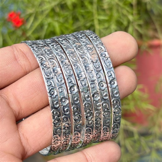 Vintage Floral Engraved Oxidized Silver Bangle Set – Handmade Boho Stackable Bracelets - Etsy