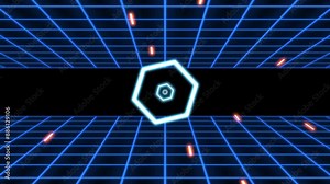 A blue grid of square tiles forms a checkerboard pattern, with a central glowing circle emitting a bright blue light, creating a visually striking composition