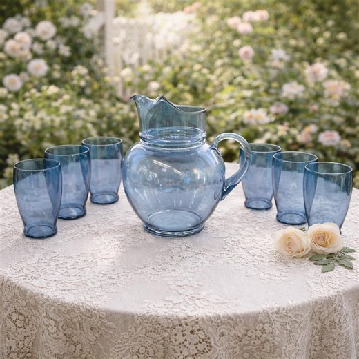 Vintage Blue Iridescent Glass Pitcher Set | Ball Pitcher With 6 Glasses - Etsy