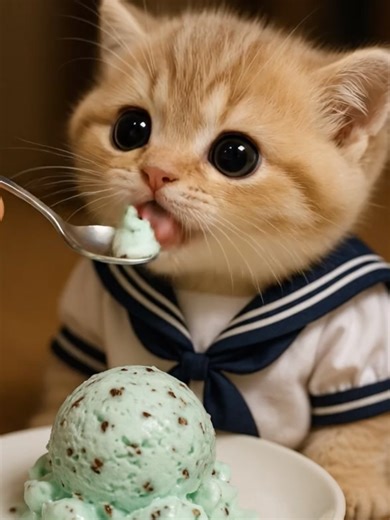 チョコミントアイスを楽しむAI子猫