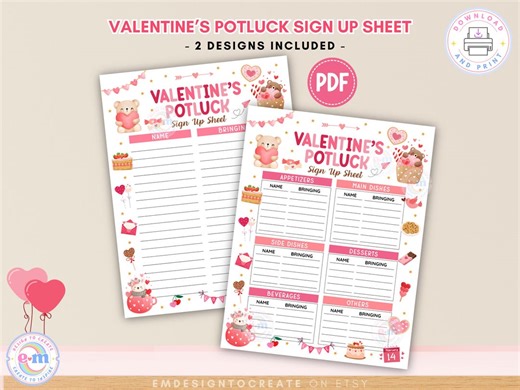 Valentine's Day Potluck Sign up Sheet Printable | Valentine Potluck Signup Form, Food Meal Planner for Classroom and Office Party (PDF) - Etsy