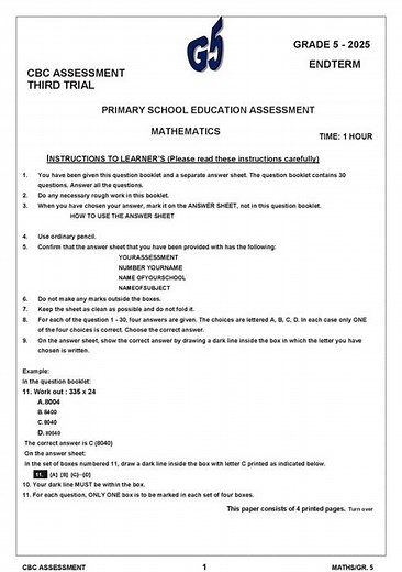 Grade 5 Mathematics End Term 1 Exam 2025 with Marking Scheme