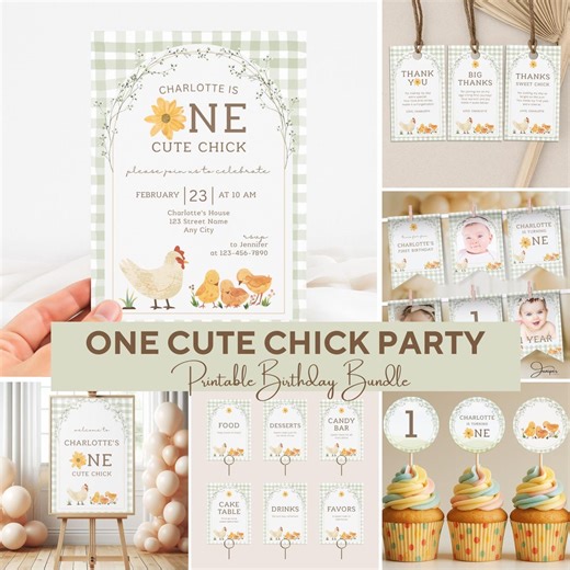 Editable One Cute Chick Birthday Bundle, Chicken Party Signs, First Birthday Templates, Green Gingham Decorations, Baby Chick Party Decor - Etsy