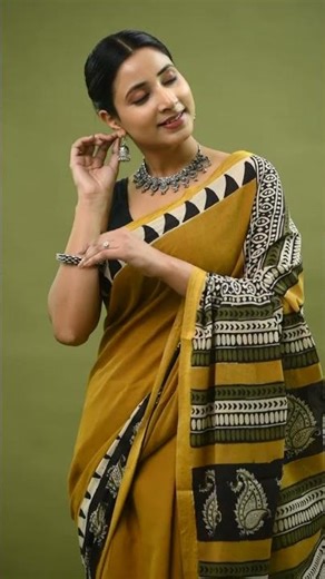 Mustard plane putai bagru wood cotton zari cotton soft saree with bloues