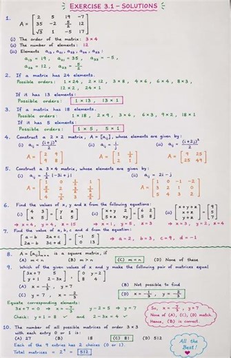 Exercise 3.1 Solutions ✍️ | Handwritten Notes | Class 12 Matrices 📘✨
