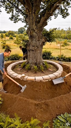 Building a Perfect Circular Stone Pond Around a Majestic Oak