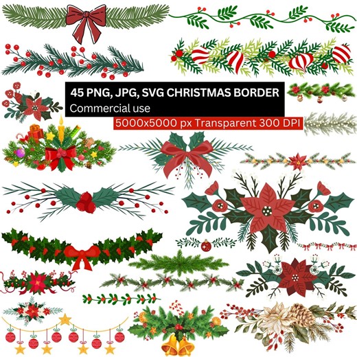 45 Christmas Border Clipart PNG JPG SVG Bundle, Holiday Floral Garland Frames, 5000x5000px 300DPI, Digital Download, Commercial Use - Etsy