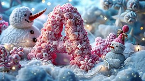 Winter Wonderland Alphabet: A charming, whimsical scene where a giant pink letter 'A' made of sugar-coated roses and snowflakes sits in a winter wonderland, surrounded by adorable snowmen and twinklin