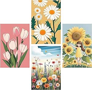 4Pack Flowers Paint by Numbers Kit for Adults Beginner,Daisy Tulips Sunflower Paint by Number on Canvas Watercolor DIY Acrylic Oil Simple Easy Small floral Paint by Numbers Flower for Home Decor 8X12"