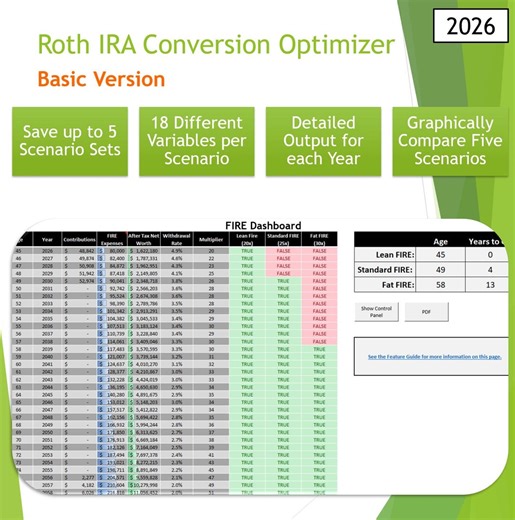 Excel FIRE-calculator - 2026 Roth IRA Conversion Optimizer-basisversie (digitale download) - Etsy Nederland