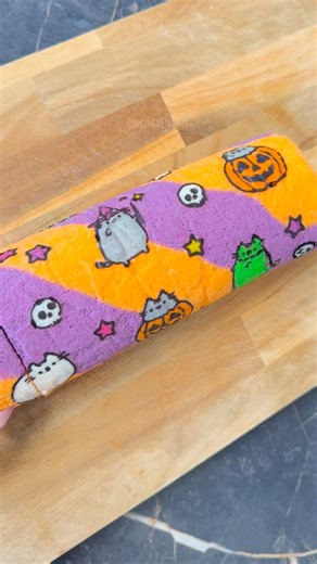 Amy’s Kitchen ❀ on Instagram: "PUSHEEN HALLOWEEN SWISS ROLL 🎃👻 A spooky cute cake with cinnamon caramel apple filling. PATTERN: 20 g egg whites 18 g powdered sugar 18 g softened butter 18 g all purpose flour Pink, white, green, orange, purple, yellow and black gel food coloring CAKE: 5 egg yolks 60 g vegetable oil 70 g milk 90 g all purpose flour Orange and purple gel food coloring MERINGUE: 5 egg whites 75 gram caster sugar STEPS: 1. Combine all the ingredients for the pattern mixture and div