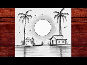 Easy Lakeside Landscape Drawing | Palm Trees, Houses & Sunset Reflection (Pencil Sketch Tutorial)
