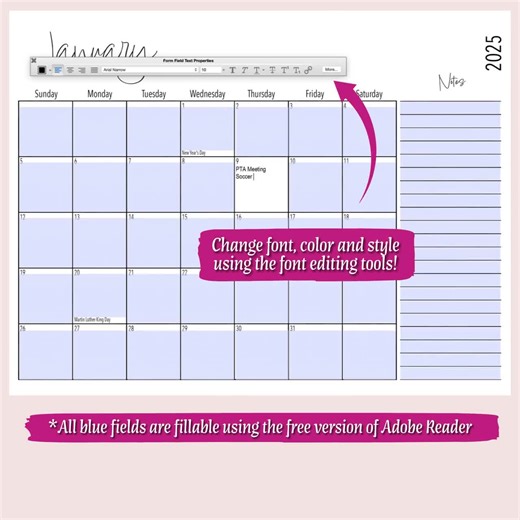 Printable Editable 2026 Calendar With Notes | Landscape US Letter | Horizontal Monthly Calendar | 12-month Fillable Calendar - Etsy Australia