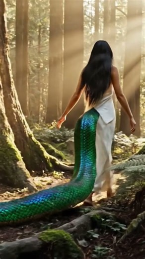 A girl who is half snake and half human taking a walk in a woods
