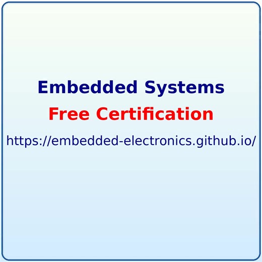 🎓 Free Certification Program in Embedded Systems 🚀 Learn, Test & Get Certified in — 💻 Python Programming 🐧 Linux Shell Scripting ⚙️ C Programming 💡 C Programming 🧠 Technical Quiz 📊 Technical IQ Test 📩 100% Free Registration! 📞 WhatsApp: 91 9547394654 #EmbeddedSystems #FreeCertification #EmbeddedElectronics #Python #CProgramming #CPlusPlus #Linux #IoT #TechLearning #EngineeringStudents #CareerGrowth | Advanced Embedded System
