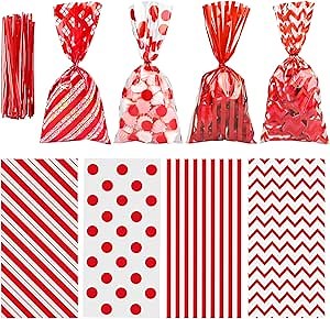 Aneco 100 Pack Red Cellophane Bags 10.6 x 5.1 Inch Plastic Candy Bags Gift Bags Goodie Bags with Twist Ties for Valentine, Birthday, Gift Cookie Snack Packing Party Favor Supplies