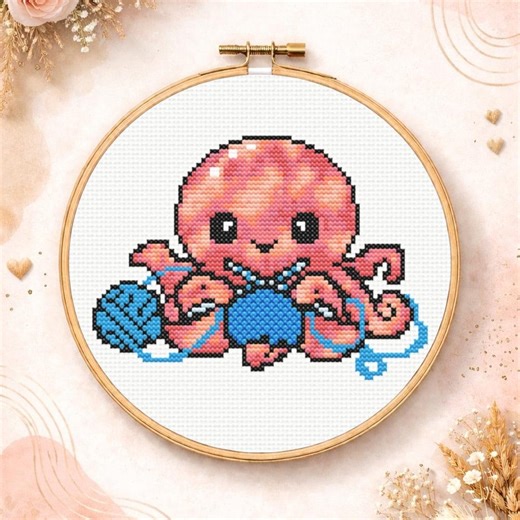 Knitting Octopus Cross Stitch Pattern | Cute Crafty Octopus | Funny Yarn Lover Design | PDF Instant Download | Animal Sealife Cross Stitch - Etsy