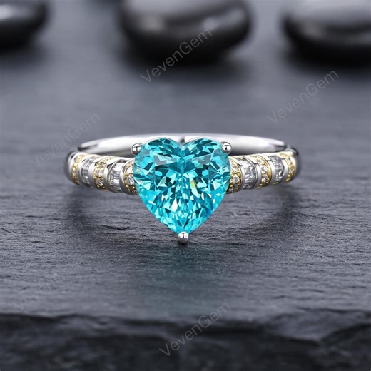 Heart Cut Blue Paraiba Tourmaline Ring in Two Tone Gold, Lab Grown Engagement Ring, Moissanite or Lab Diamond Band, Anniversary Promise Ring - Etsy