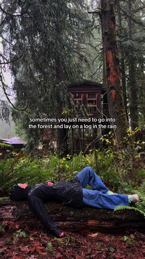 Spotted: girl in our treehouse forest basking in that PNW rain 🌧️🌲☔️ At Treehouse Point, we have 7 treehouses and three other unique accommodations to choose from! #washington #treehouse #forest #cabin #rain