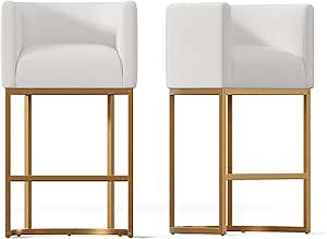 Counter Height Bar Stools Set of 2,BarStools with Backs,Island Chairs,Modern Bar Stools with Metal Legs (Fabric Snowy White+Golden)