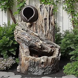 22.19" H Ceramic Outdoor Garden Fountain - 3-Tier Resin Outdoor Garden Stump Waterfall Fountain with LED Lights for Country Yard, Patio, Backyard Waterfall Water Feature Decoration (Brown)