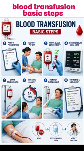 🩸 BLOOD TRANSFUSION – BASIC STEPS #blood #bloodtransfusion #vital #nurse #bscnursing #nursingstuden