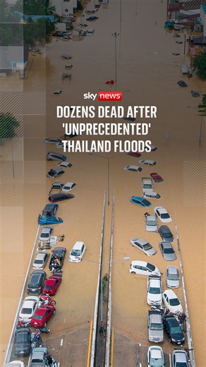 At least 82 people have died, and more than 3 million people have been impacted by floods in 12 southern Thai provinces. Thailand's Prime Minister Anutin Charnvirakul declared a state of emergency in Songkhla, saying the severity of the flooding was 'unprecedented'. | Sky News