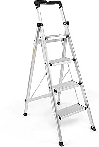 4 Step Ladder, Folding Step Stool with Anti-Slip Pedal and Tool Tray, Lightweight Aluminum Home Ladder for Home Kitchen Office